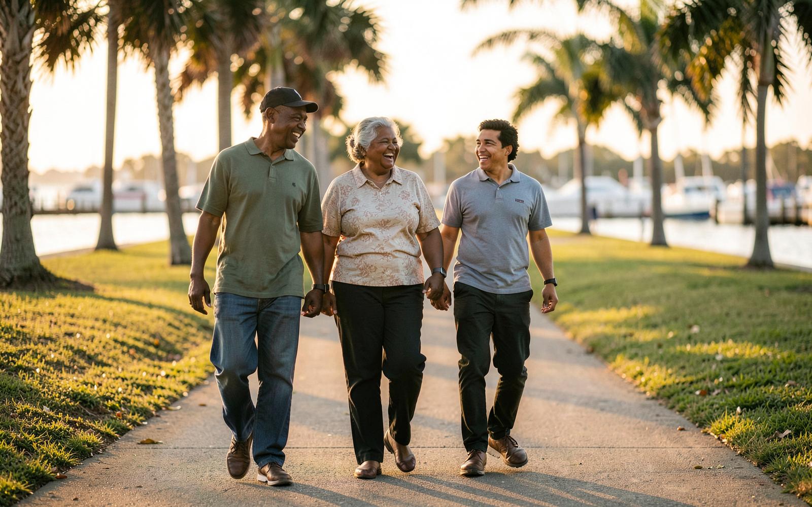 Three generations of a family walking together along a Tampa Bay waterfront path in late-afternoon light.